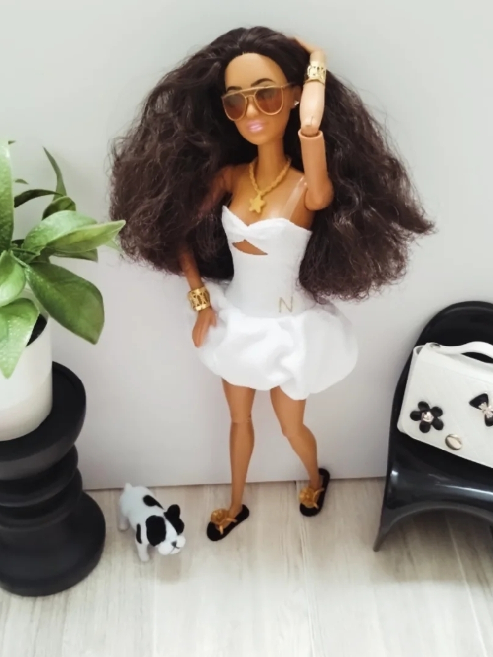 Fashion Doll in White Cutout Dress with Gold Accessories